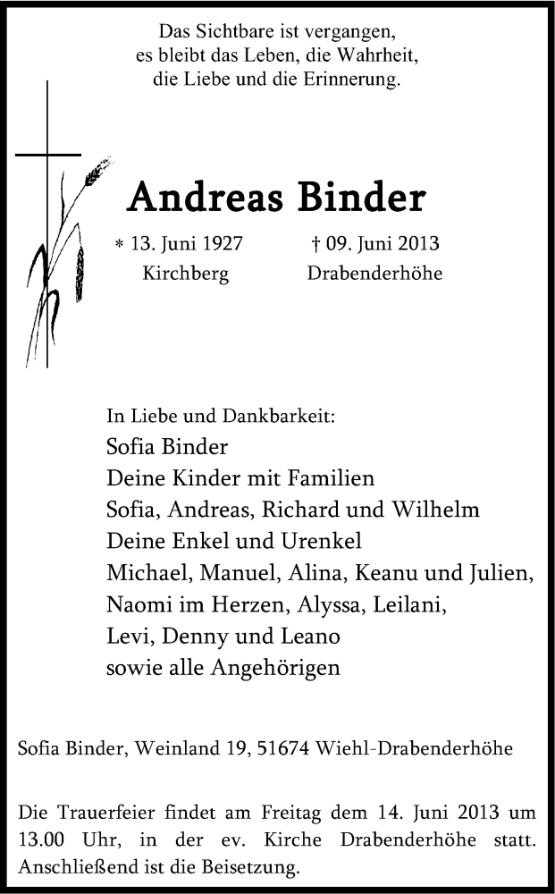  Traueranzeige für Andreas Binder vom 12.06.2013 aus Kölner Stadt-Anzeiger / Kölnische Rundschau / Express