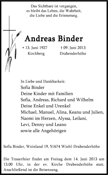 Anzeige von Andreas Binder von Kölner Stadt-Anzeiger / Kölnische Rundschau / Express