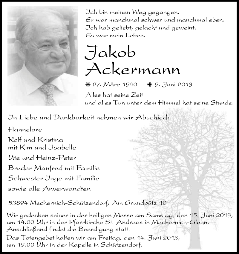  Traueranzeige für Jakob Ackermann vom 12.06.2013 aus Kölner Stadt-Anzeiger / Kölnische Rundschau / Express