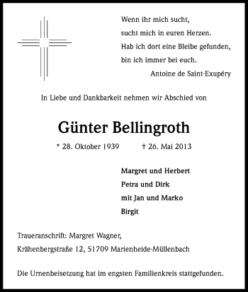 Anzeige von Günter Bellingroth von Kölner Stadt-Anzeiger / Kölnische Rundschau / Express