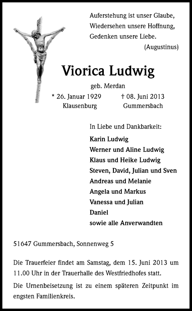  Traueranzeige für Viorica Ludwig vom 12.06.2013 aus Kölner Stadt-Anzeiger / Kölnische Rundschau / Express
