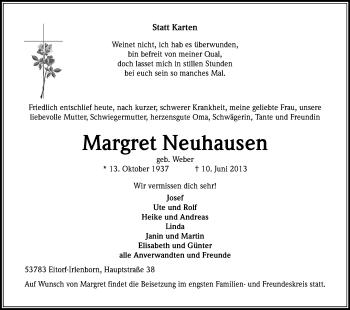 Anzeige von Margret Neuhausen von Kölner Stadt-Anzeiger / Kölnische Rundschau / Express
