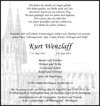 Anzeige von Kurt Wenzlaff von Kölner Stadt-Anzeiger / Kölnische Rundschau / Express
