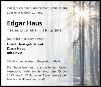 Anzeige von Edgar Haus von Kölner Stadt-Anzeiger / Kölnische Rundschau / Express
