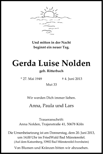 Anzeige von Gerda Luise Nolden von Kölner Stadt-Anzeiger / Kölnische Rundschau / Express