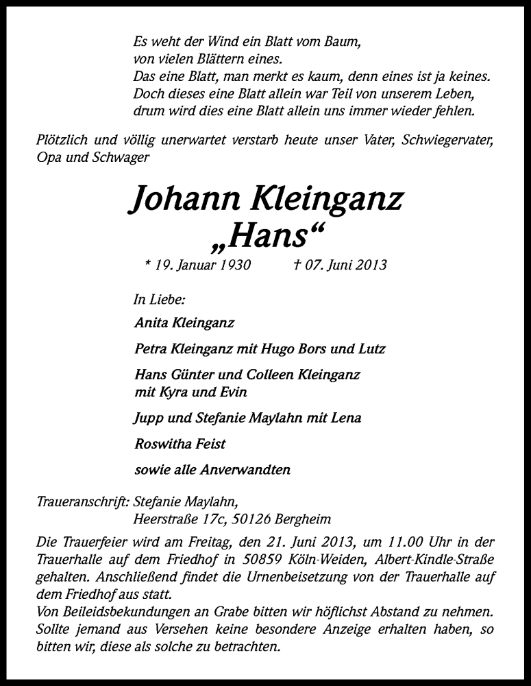  Traueranzeige für Johann Kleinganz vom 15.06.2013 aus Kölner Stadt-Anzeiger / Kölnische Rundschau / Express