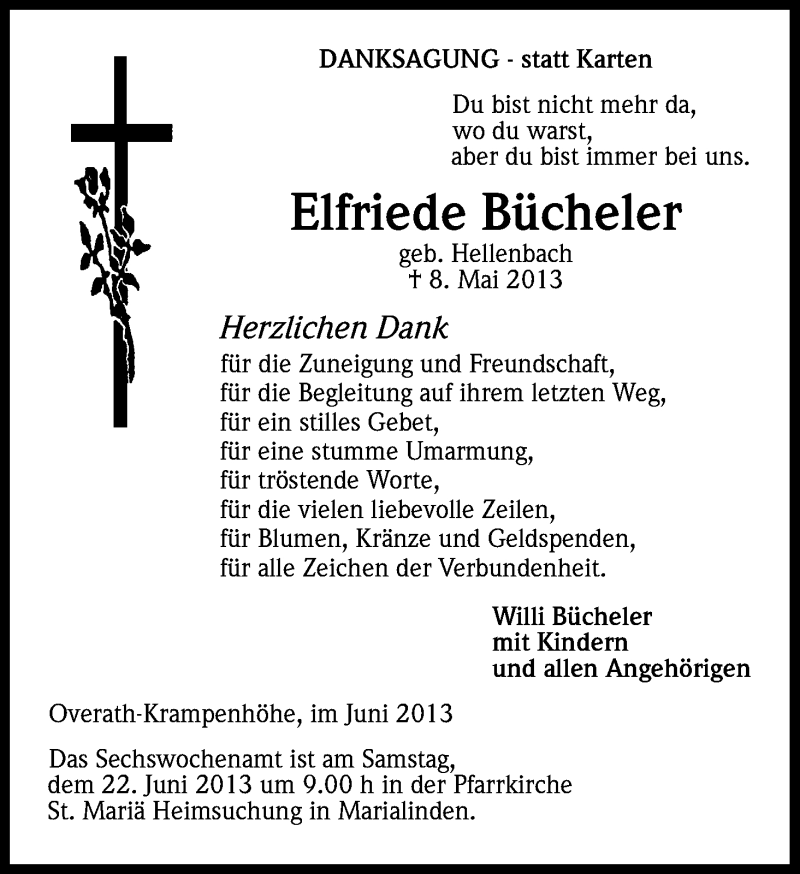  Traueranzeige für Elfriede Bücheler vom 15.06.2013 aus Kölner Stadt-Anzeiger / Kölnische Rundschau / Express