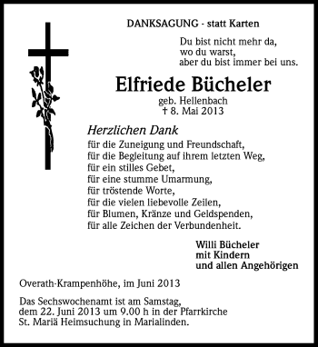 Anzeige von Elfriede Bücheler von Kölner Stadt-Anzeiger / Kölnische Rundschau / Express
