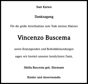 Anzeige von Vincenzo Buscema von Kölner Stadt-Anzeiger / Kölnische Rundschau / Express