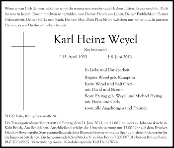 Anzeige von Karl Heinz Weyel von Kölner Stadt-Anzeiger / Kölnische Rundschau / Express