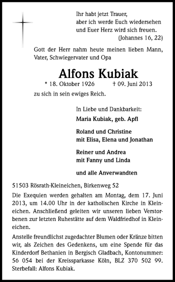 Anzeige von Alfons Kubiak von Kölner Stadt-Anzeiger / Kölnische Rundschau / Express