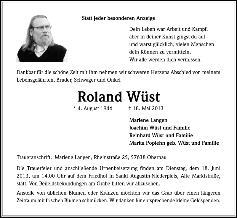  Traueranzeige für Roland Wüst vom 12.06.2013 aus Kölner Stadt-Anzeiger / Kölnische Rundschau / Express