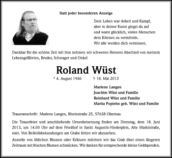 Anzeige von Roland Wüst von Kölner Stadt-Anzeiger / Kölnische Rundschau / Express