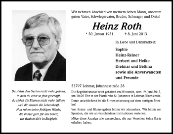 Anzeige von Heinz Roth von Kölner Stadt-Anzeiger / Kölnische Rundschau / Express