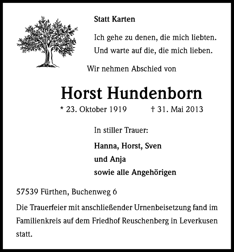  Traueranzeige für Horst Hundenborn vom 12.06.2013 aus Kölner Stadt-Anzeiger / Kölnische Rundschau / Express