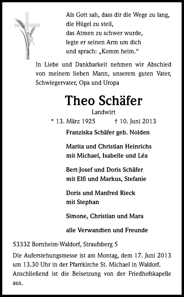  Traueranzeige für Theo Schäfer vom 12.06.2013 aus Kölner Stadt-Anzeiger / Kölnische Rundschau / Express