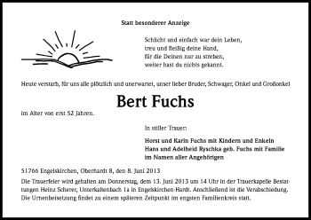 Anzeige von Bert Fuchs von Kölner Stadt-Anzeiger / Kölnische Rundschau / Express