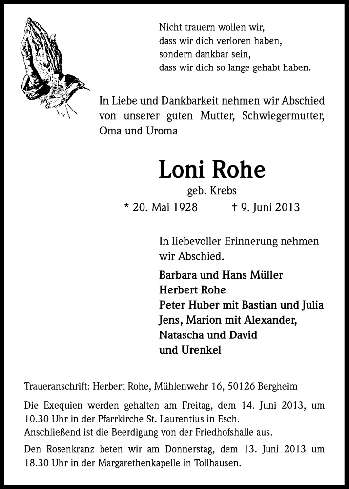 Traueranzeige für Loni Rohe vom 12.06.2013 aus Kölner Stadt-Anzeiger / Kölnische Rundschau / Express
