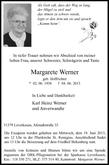 Anzeige von Margarete Werner von Kölner Stadt-Anzeiger / Kölnische Rundschau / Express