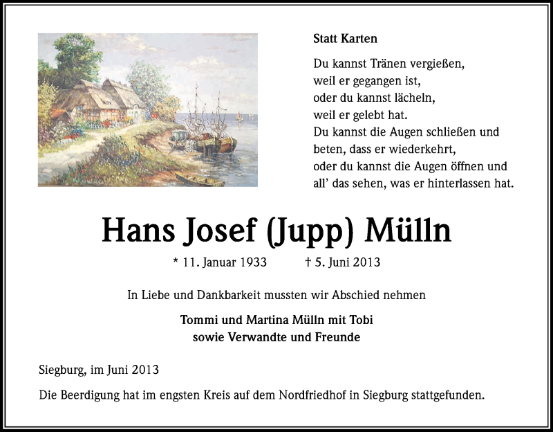  Traueranzeige für Hans Josef Mülln vom 15.06.2013 aus Kölner Stadt-Anzeiger / Kölnische Rundschau / Express