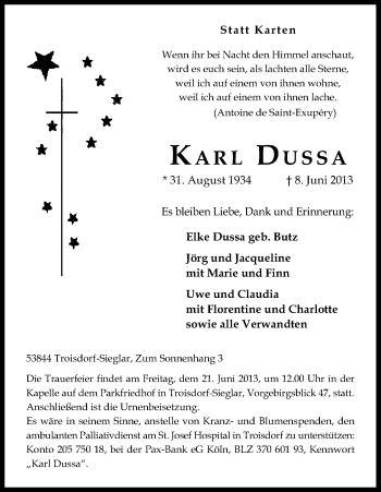 Anzeige von Karl Dussa von Kölner Stadt-Anzeiger / Kölnische Rundschau / Express
