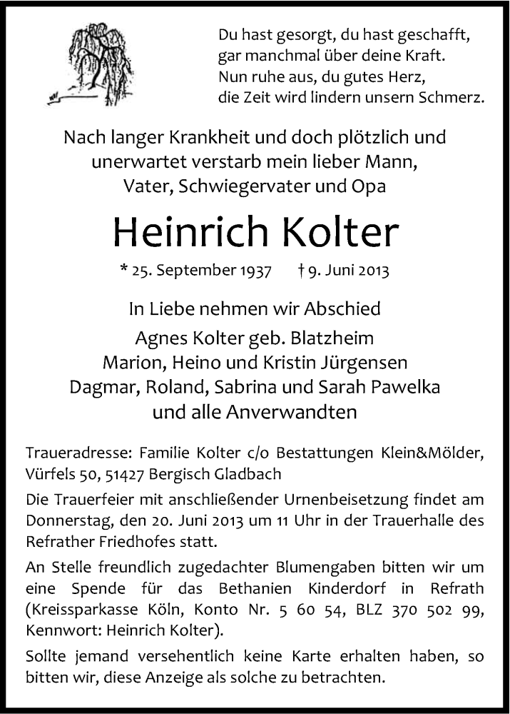  Traueranzeige für Heinrich Kolter vom 15.06.2013 aus Kölner Stadt-Anzeiger / Kölnische Rundschau / Express