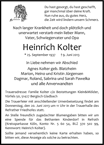 Anzeige von Heinrich Kolter von Kölner Stadt-Anzeiger / Kölnische Rundschau / Express