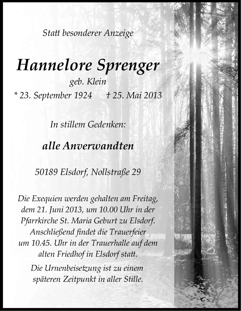  Traueranzeige für Hannelore Sprenger vom 17.06.2013 aus Kölner Stadt-Anzeiger / Kölnische Rundschau / Express