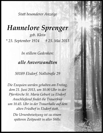 Anzeige von Hannelore Sprenger von Kölner Stadt-Anzeiger / Kölnische Rundschau / Express