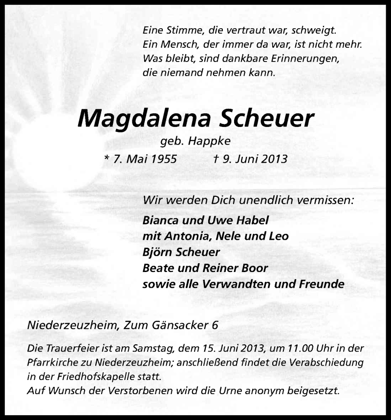  Traueranzeige für Magdalena Scheuer vom 12.06.2013 aus Kölner Stadt-Anzeiger / Kölnische Rundschau / Express