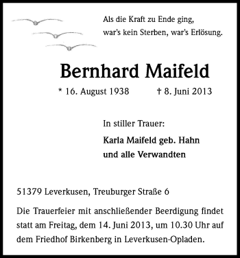 Anzeige von Bernhard Maifeld von Kölner Stadt-Anzeiger / Kölnische Rundschau / Express