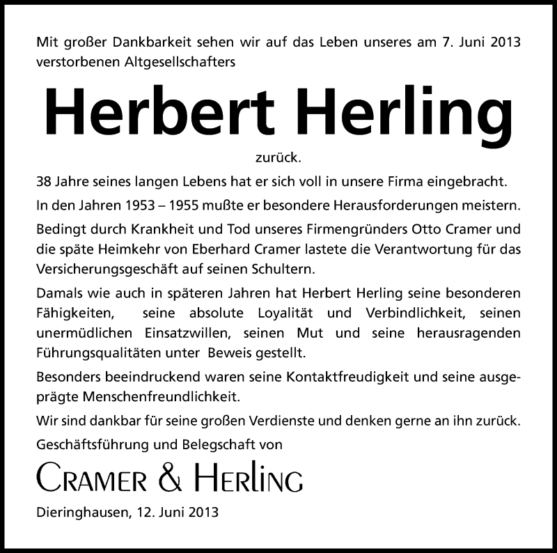  Traueranzeige für Herbert Herling vom 12.06.2013 aus Kölner Stadt-Anzeiger / Kölnische Rundschau / Express