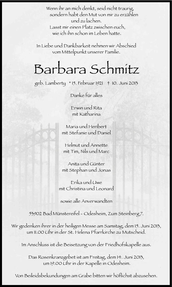  Traueranzeige für Barbara Schmitz vom 12.06.2013 aus Kölner Stadt-Anzeiger / Kölnische Rundschau / Express