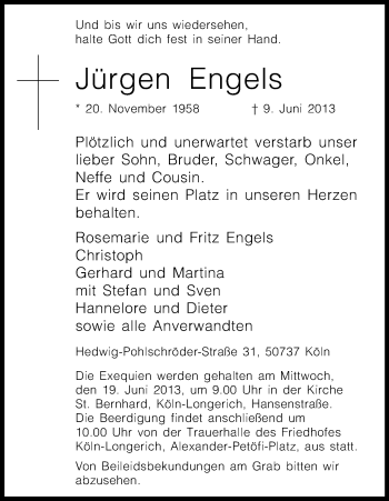 Anzeige von Jürgen Engels von Kölner Stadt-Anzeiger / Kölnische Rundschau / Express