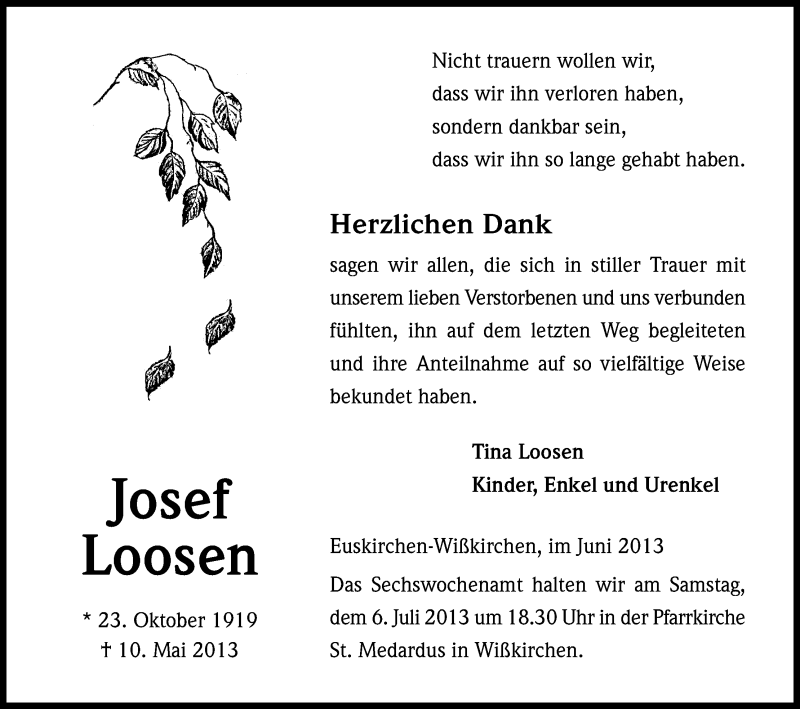  Traueranzeige für Josef Loosen vom 29.06.2013 aus Kölner Stadt-Anzeiger / Kölnische Rundschau / Express