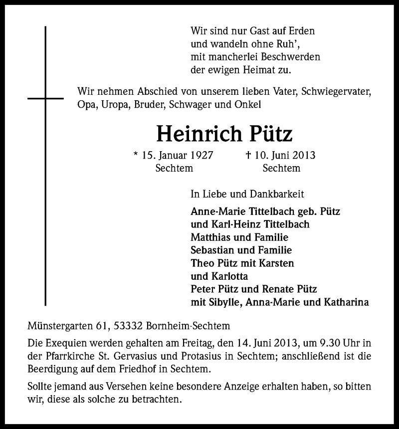  Traueranzeige für Heinrich Pütz vom 12.06.2013 aus Kölner Stadt-Anzeiger / Kölnische Rundschau / Express