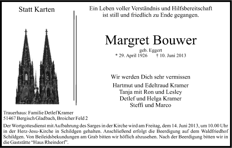  Traueranzeige für Margret Bouwer vom 12.06.2013 aus Kölner Stadt-Anzeiger / Kölnische Rundschau / Express