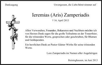 Anzeige von Ieremias Zamperiadis von Kölner Stadt-Anzeiger / Kölnische Rundschau / Express