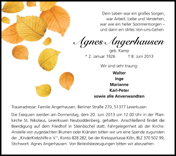 Anzeige von Agnes Angerhausen von Kölner Stadt-Anzeiger / Kölnische Rundschau / Express