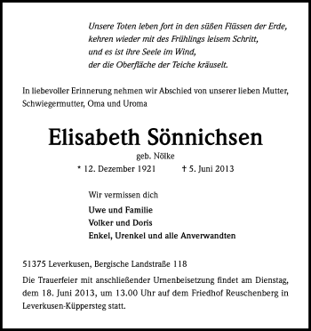 Anzeige von Elisabeth Sönnichsen von Kölner Stadt-Anzeiger / Kölnische Rundschau / Express