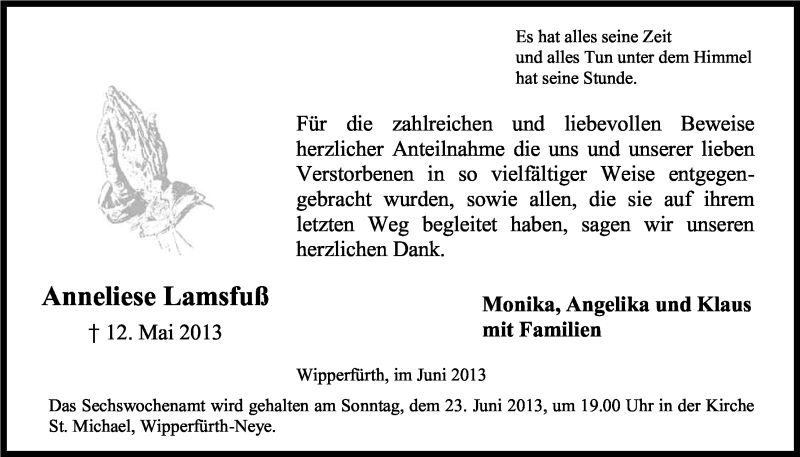  Traueranzeige für Anneliese Lamsfuß vom 15.06.2013 aus Kölner Stadt-Anzeiger / Kölnische Rundschau / Express