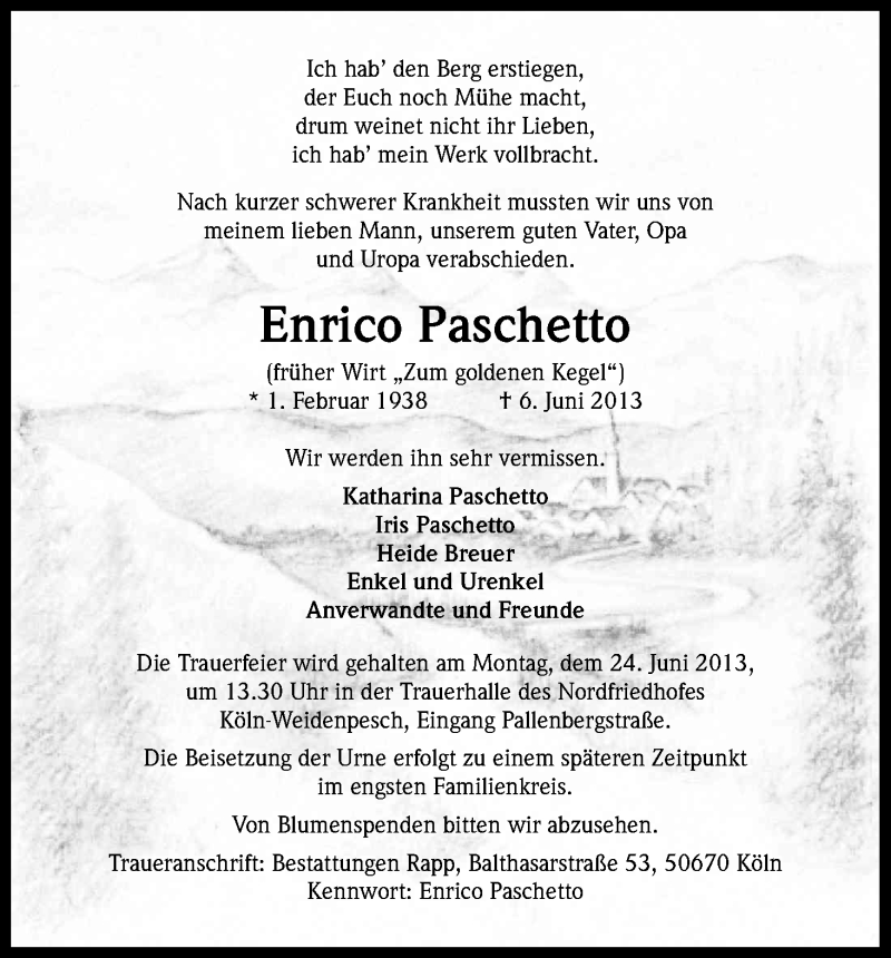  Traueranzeige für Enrico Paschetto vom 15.06.2013 aus Kölner Stadt-Anzeiger / Kölnische Rundschau / Express