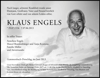Anzeige von Klaus Engels von Kölner Stadt-Anzeiger / Kölnische Rundschau / Express