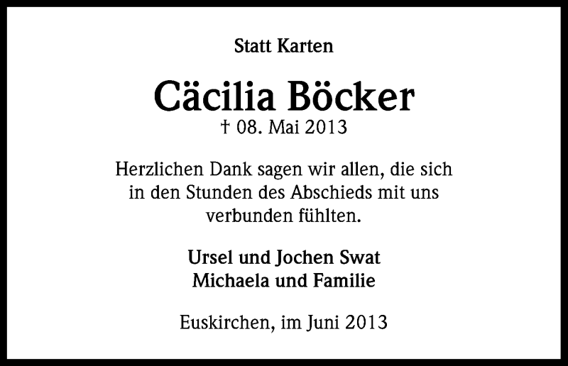  Traueranzeige für Cäcilia Böcker vom 15.06.2013 aus Kölner Stadt-Anzeiger / Kölnische Rundschau / Express