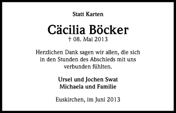 Anzeige von Cäcilia Böcker von Kölner Stadt-Anzeiger / Kölnische Rundschau / Express