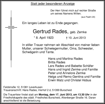 Anzeige von Gertrud Rades von Kölner Stadt-Anzeiger / Kölnische Rundschau / Express