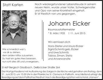 Anzeige von Johann Eicker von Kölner Stadt-Anzeiger / Kölnische Rundschau / Express
