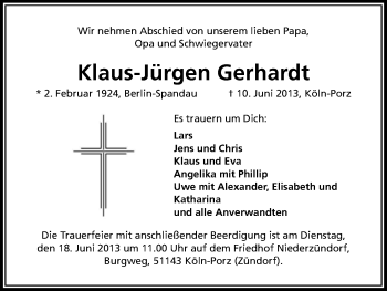 Anzeige von Klaus-Jürgen Gerhardt von Kölner Stadt-Anzeiger / Kölnische Rundschau / Express