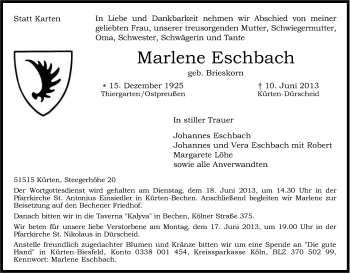 Anzeige von Marlene Eschbach von Kölner Stadt-Anzeiger / Kölnische Rundschau / Express