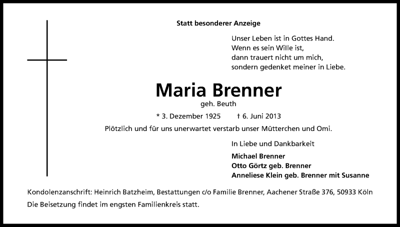  Traueranzeige für Maria Brenner vom 15.06.2013 aus Kölner Stadt-Anzeiger / Kölnische Rundschau / Express